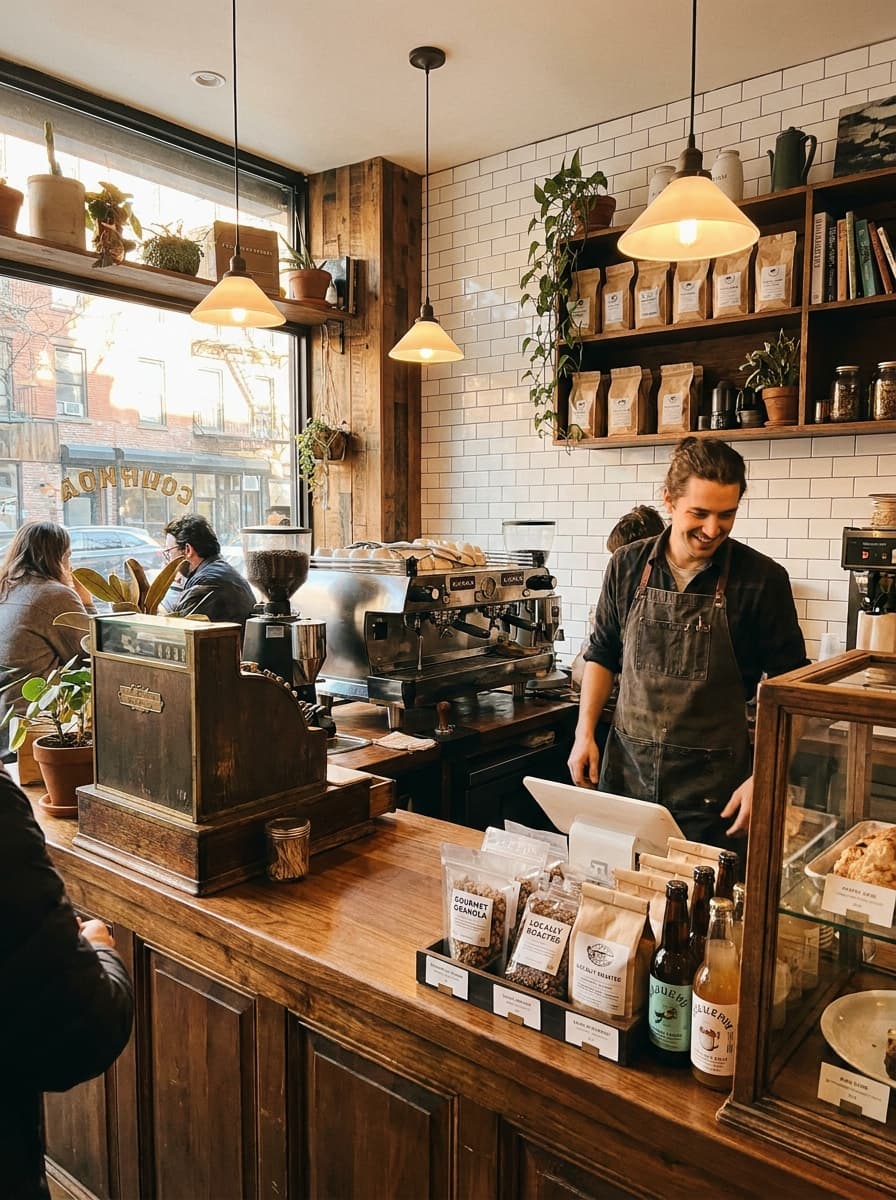 Counterpart products displayed beside a café counter