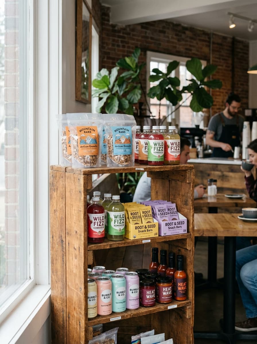 Curated pantry shelf inside a New York coffee shop